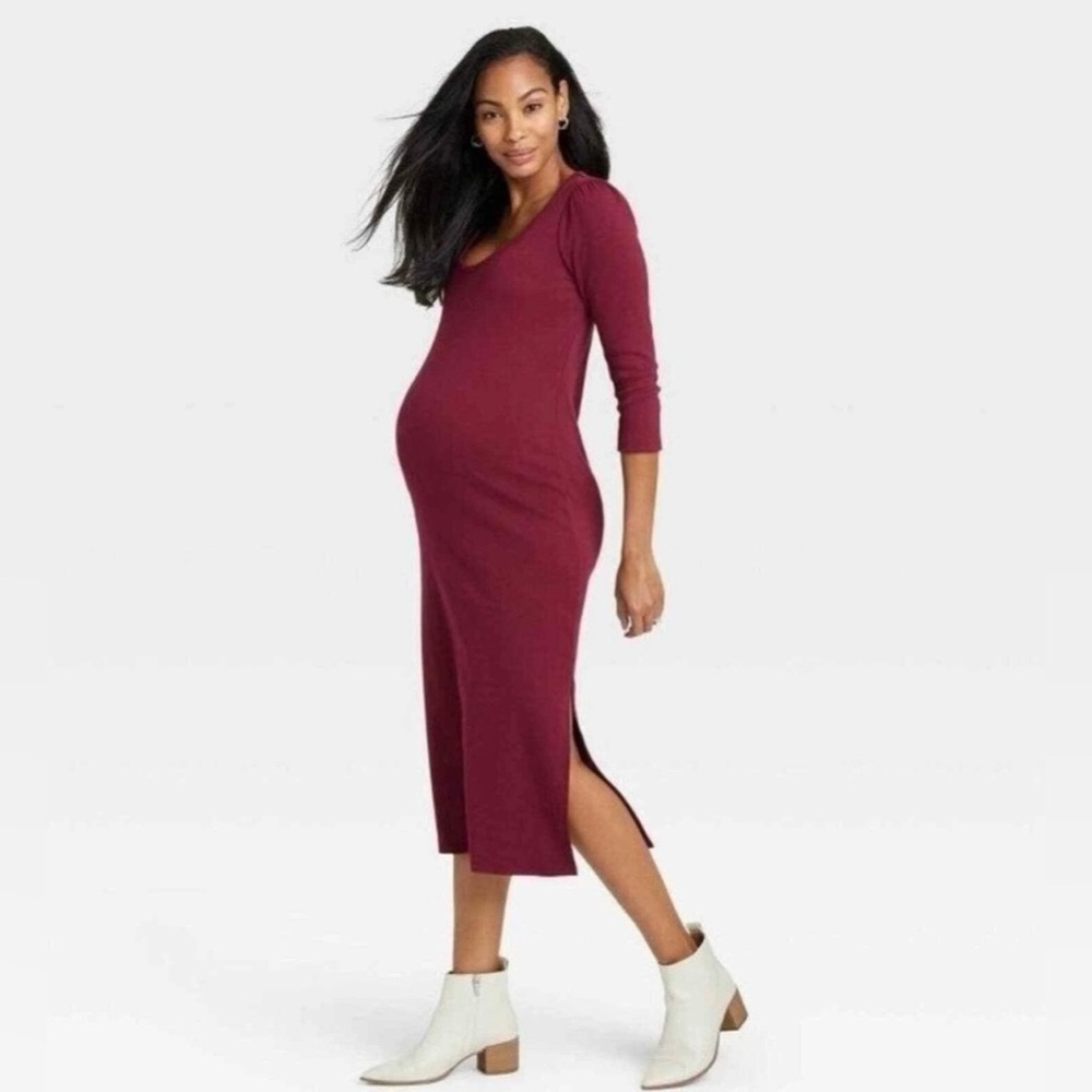 The Nines By Hatch Burgundy Ribbed Scoop Neck Midi‎ Dress Comfort Stretch